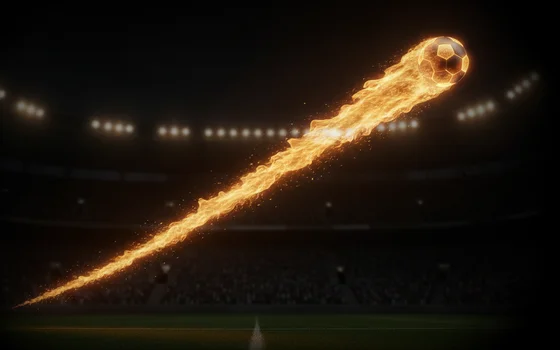 Stilisierte Illustration eines brennenden Fußballs, der über ein beleuchtetes Stadion fliegt und den Crash-Multiplikator von Betiator symbolisiert