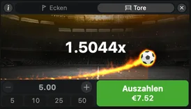 Betiator-Widget mit den Reitern Ecken und Tore, Multiplikator bei 1,5044x, Einsatz 5,00 und aktivem grünem „Auszahlen €7,52“-Button