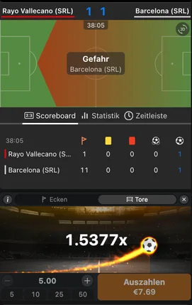 Spielfeld mit der Markierung „Gefahr“ während eines Angriffs von Barcelona (SRL) beim Spielstand 1:1, darunter das Betiator-Widget mit Multiplikator 1,5377x und ausgegrautem „Auszahlen €7,69“-Button