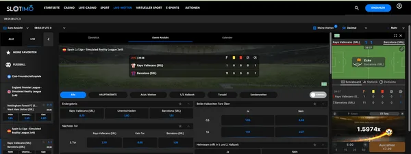 Slotimo-Live-Match-Seite zu Rayo Vallecano gegen Barcelona (SRL) mit dem Betiator-Widget in der rechten Spalte bei einem Multiplikator von 1,5974x